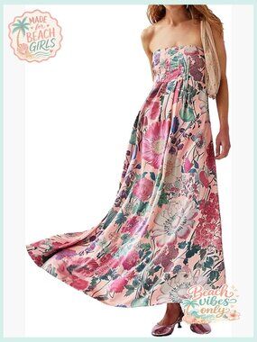 Boho Floral Maxi Dress Backless Spaghetti Strap A-Line Flowy Summer Long Dress